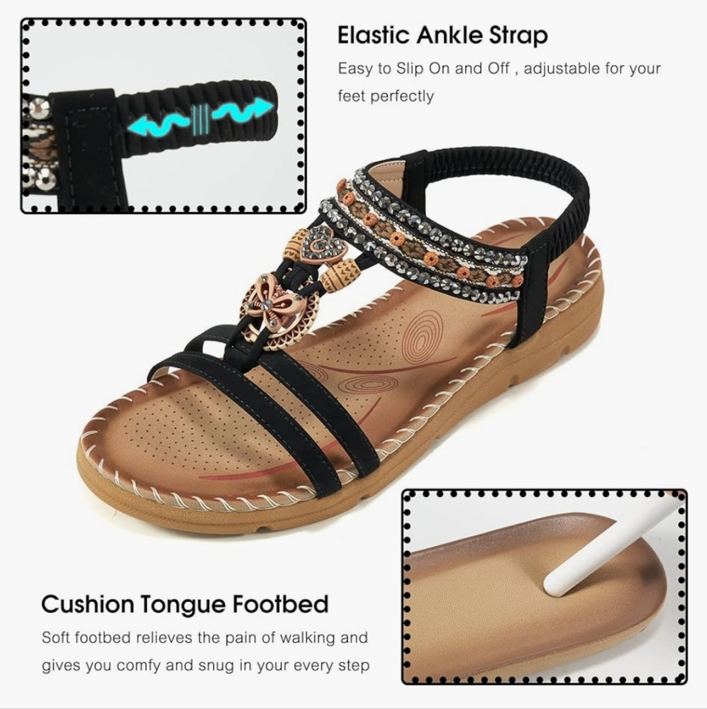 Boho Chic Black Embellished Sandals NWT - Picture 2 of 4